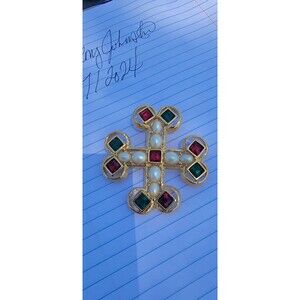 Vintage Joan Rivers Cabochon Maltese Cross Brooch Pin Signed Faux Ruby Emerald